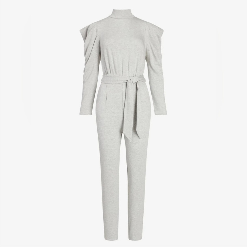 Express Gray Cozy Stretch Jersey Knit Belted Puff Sleeve Lounge Jumpsuit XL